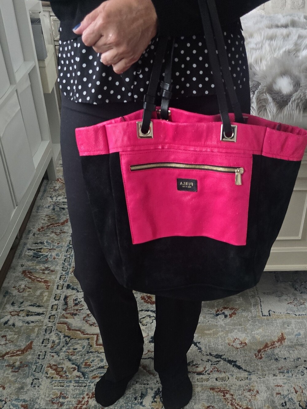 Furla Italy Pink Lizard Embossed & Black Suede Tote.